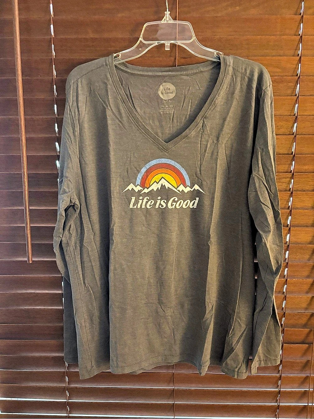 Life Is Good Mountain Rainbow Long Sleeve Crusher V-Neck Tee Women’s Long Sleeve